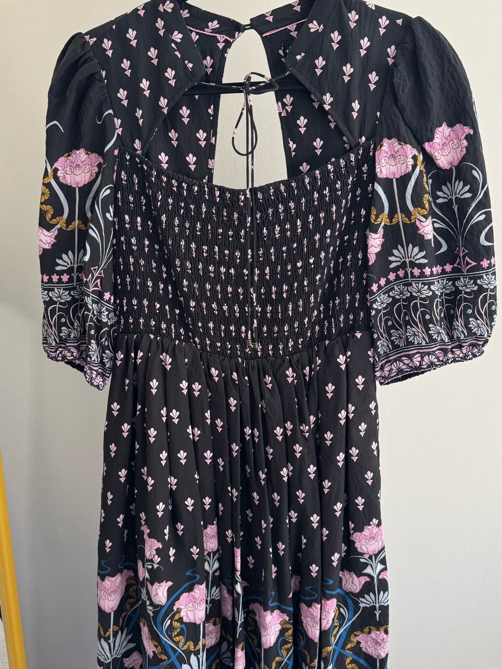 Anthropologie Black Floral Smocked Midi Dress with Pink & Blue Accents - Picture 2 of 5
